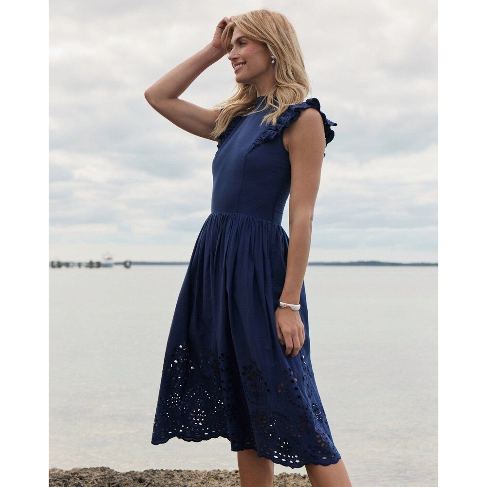 Philosophy Eyelet Midi Maxi Ruffle Sleeve Dress, Navy Blue, S/M